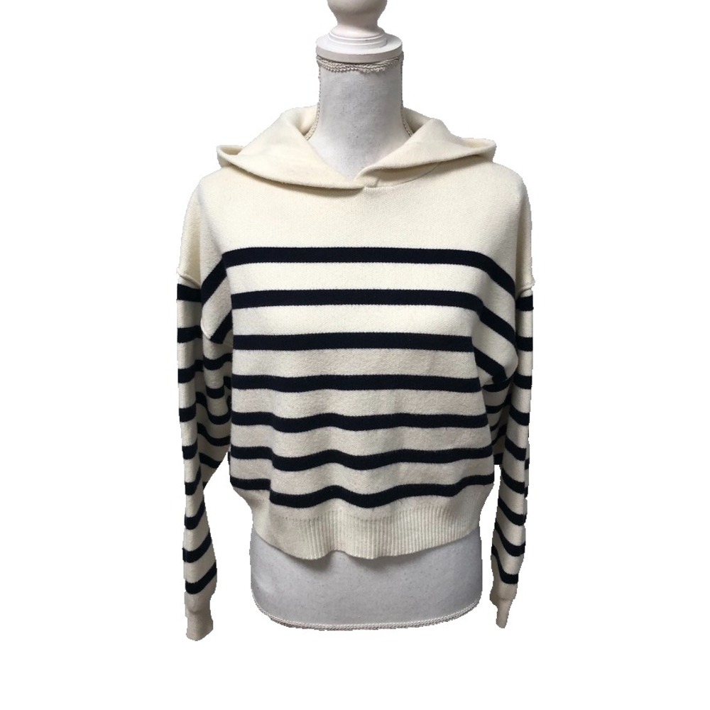 Zara Sweater Jumper Womens Small Black Stripe Hooded‎ Cropped Pullover Casual